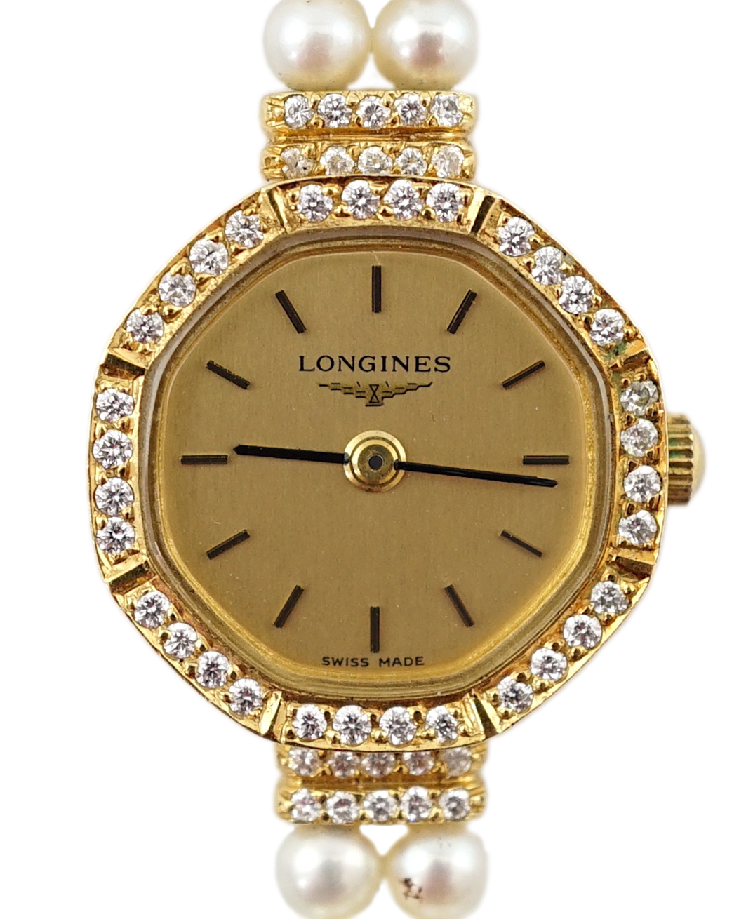 A lady's modern 18k and diamond chip set Longines quartz octagonal wrist watch